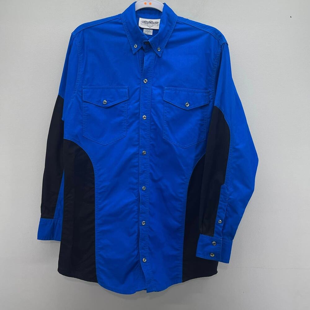San Angelo TX Western Button Down Shirt Mens Small Blue Black LS Rodeo Cowboy